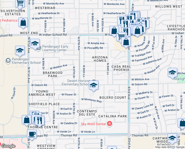 map of restaurants, bars, coffee shops, grocery stores, and more near 8521 West Columbus Avenue in Phoenix