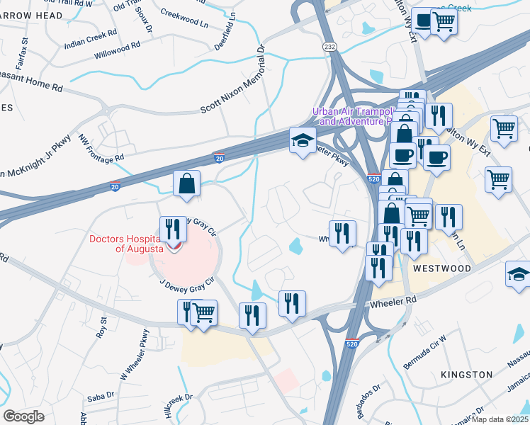 map of restaurants, bars, coffee shops, grocery stores, and more near 231 Caldwell Circle in Augusta