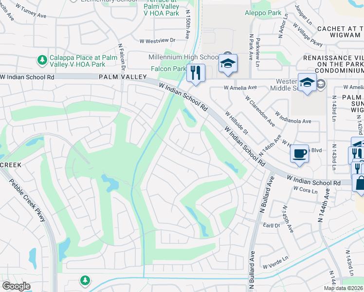 map of restaurants, bars, coffee shops, grocery stores, and more near 3731 North 150th Court in Goodyear