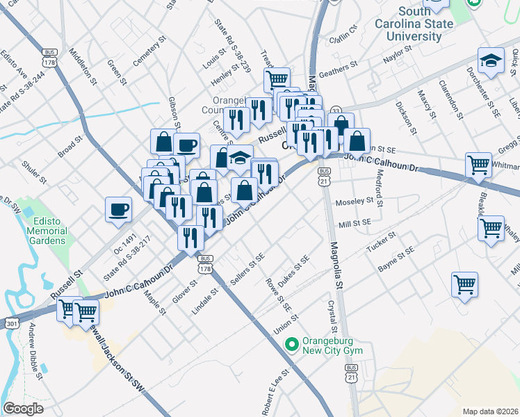 map of restaurants, bars, coffee shops, grocery stores, and more near 430 John C Calhoun Drive in Orangeburg