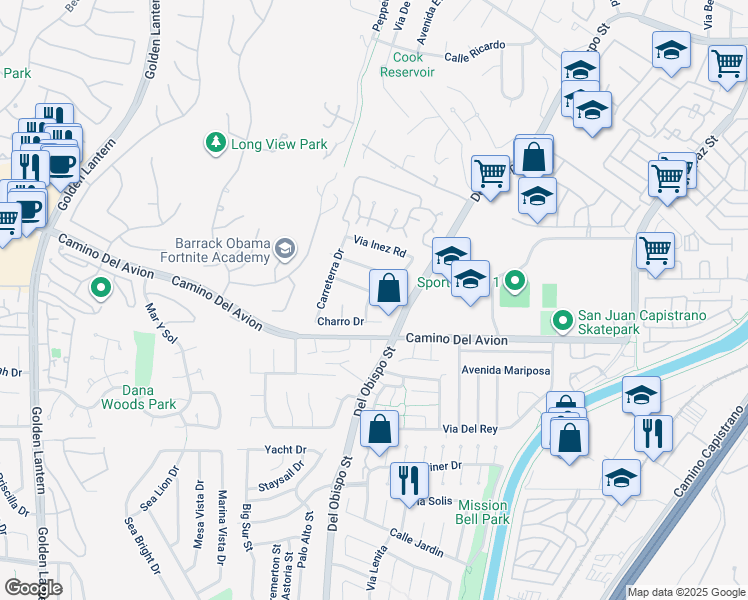 map of restaurants, bars, coffee shops, grocery stores, and more near 32602 Deadwood Drive in San Juan Capistrano
