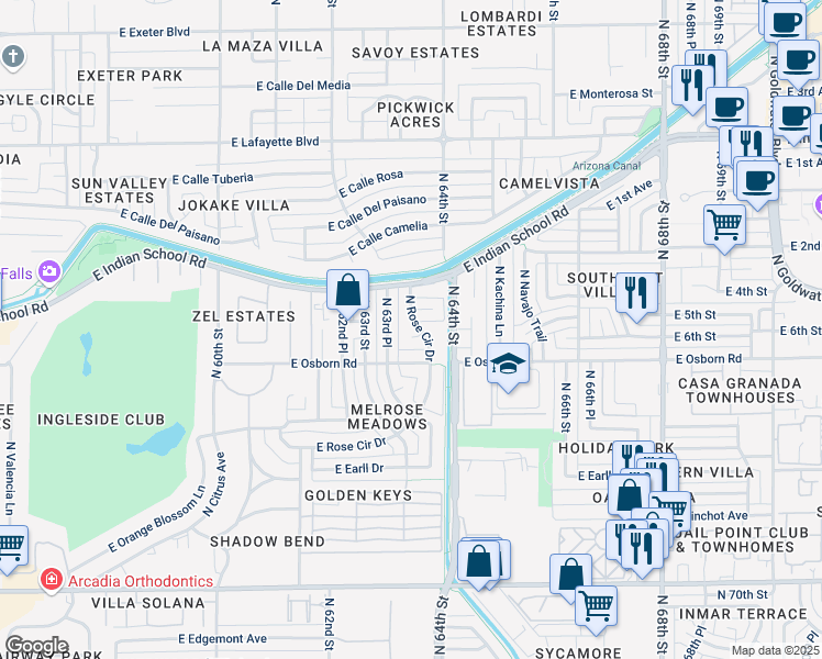 map of restaurants, bars, coffee shops, grocery stores, and more near 3508 North Rose Circle Drive in Scottsdale