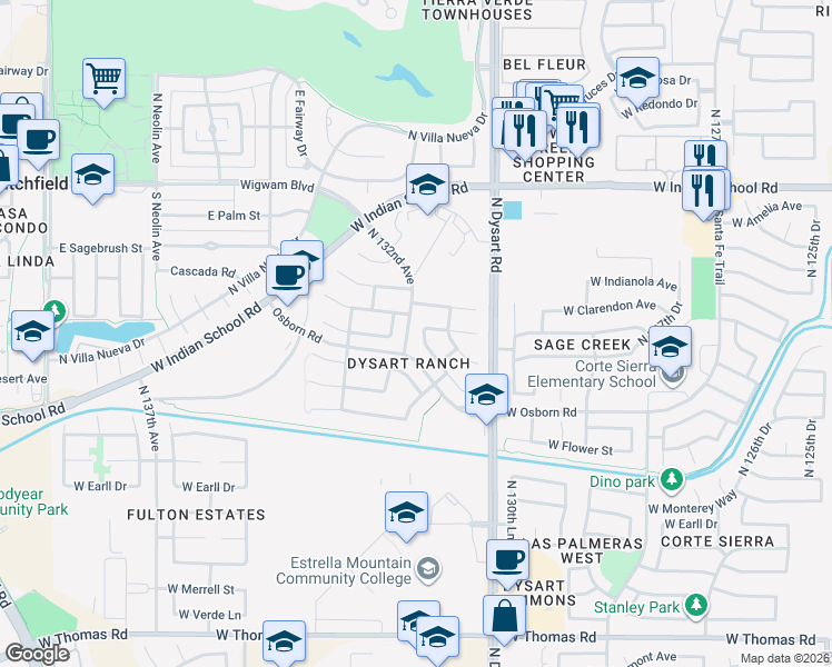 map of restaurants, bars, coffee shops, grocery stores, and more near 13150 West Indianola Avenue in Litchfield Park