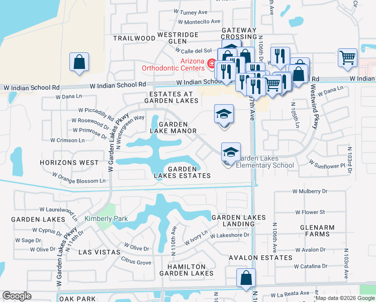 map of restaurants, bars, coffee shops, grocery stores, and more near 10938 West Poinsettia Drive in Avondale