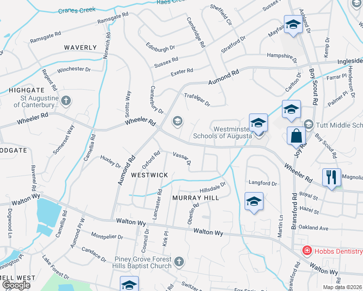 map of restaurants, bars, coffee shops, grocery stores, and more near 3184 Wheeler Road in Augusta
