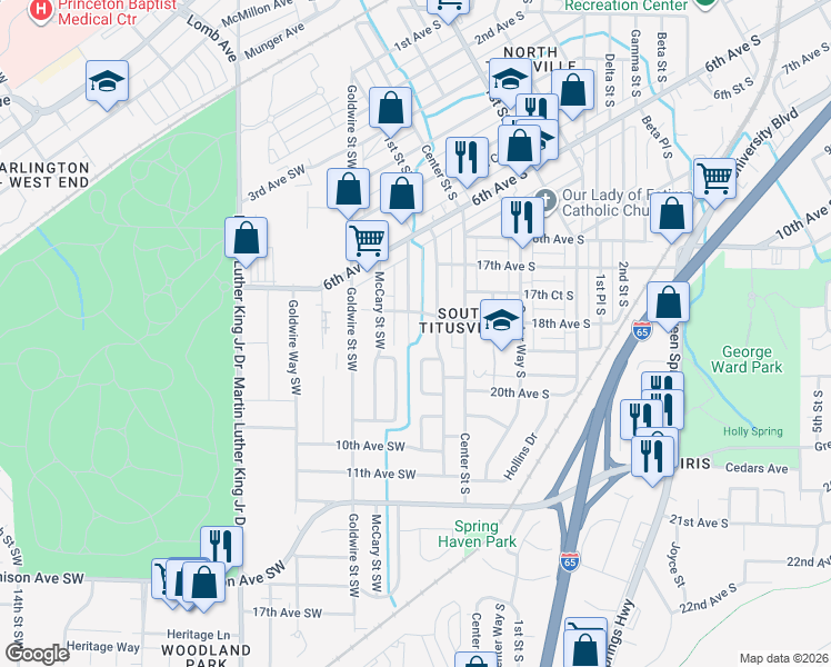 map of restaurants, bars, coffee shops, grocery stores, and more near 800 Center Place Southwest in Birmingham