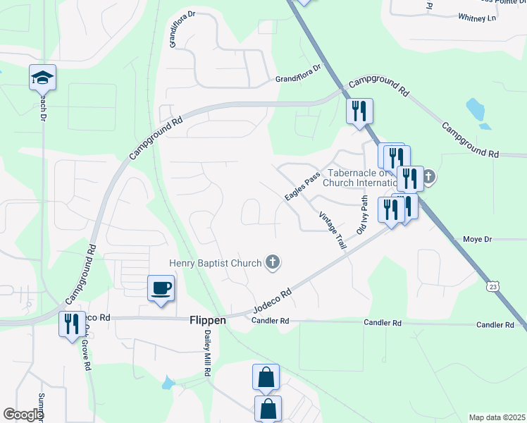 map of restaurants, bars, coffee shops, grocery stores, and more near 1359 Vine Circle in McDonough