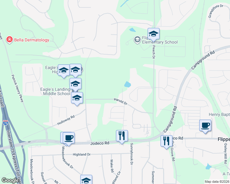 map of restaurants, bars, coffee shops, grocery stores, and more near 133 Harold Drive in McDonough