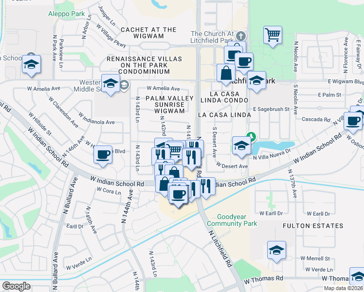 map of restaurants, bars, coffee shops, grocery stores, and more near 14148 West Weldon Avenue in Goodyear