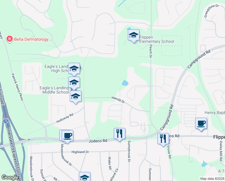 map of restaurants, bars, coffee shops, grocery stores, and more near 133 Harold Drive in McDonough