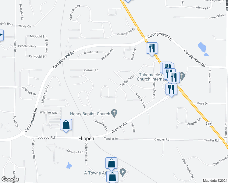 map of restaurants, bars, coffee shops, grocery stores, and more near 1240 Eagles Pass in McDonough