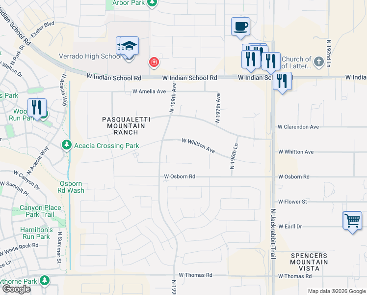 map of restaurants, bars, coffee shops, grocery stores, and more near 19821 West Whitton Avenue in Buckeye