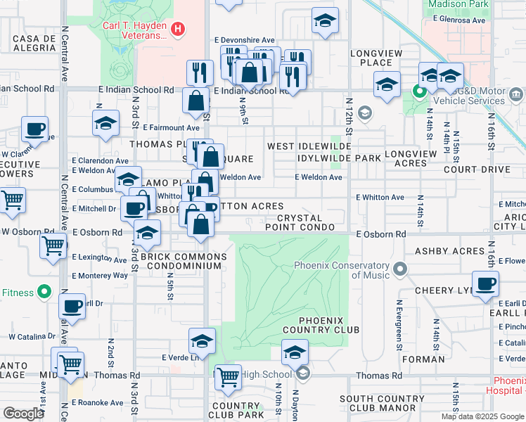 map of restaurants, bars, coffee shops, grocery stores, and more near 917 East Whitton Avenue in Phoenix