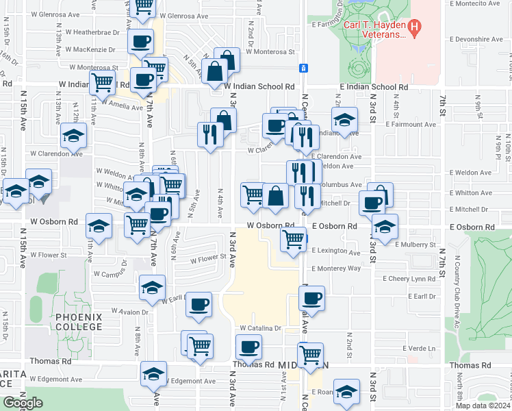 map of restaurants, bars, coffee shops, grocery stores, and more near 3600 North 2nd Avenue in Phoenix