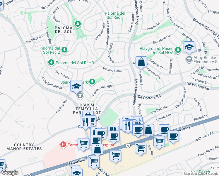 map of restaurants, bars, coffee shops, grocery stores, and more near 32136 Camino Rabago in Temecula