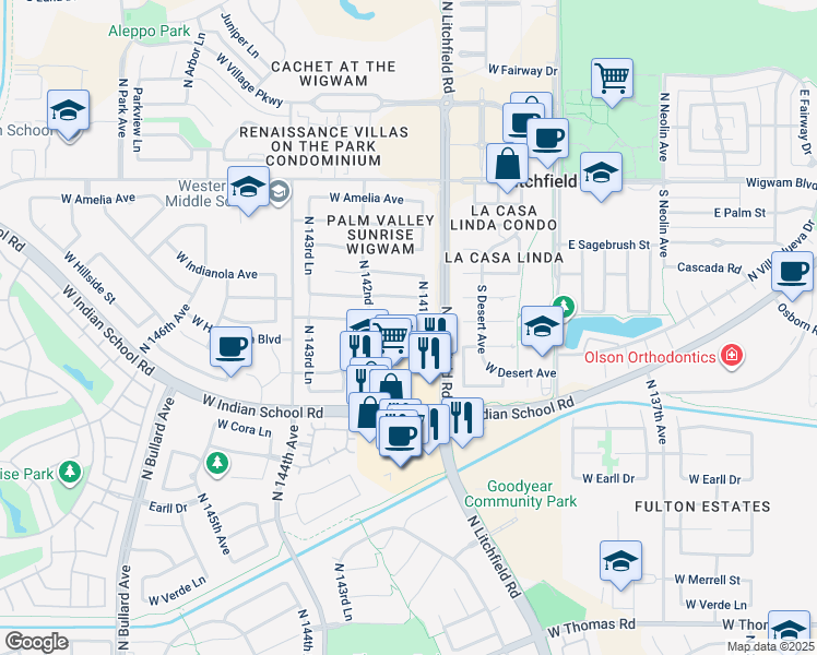 map of restaurants, bars, coffee shops, grocery stores, and more near 14173 West Weldon Avenue in Goodyear