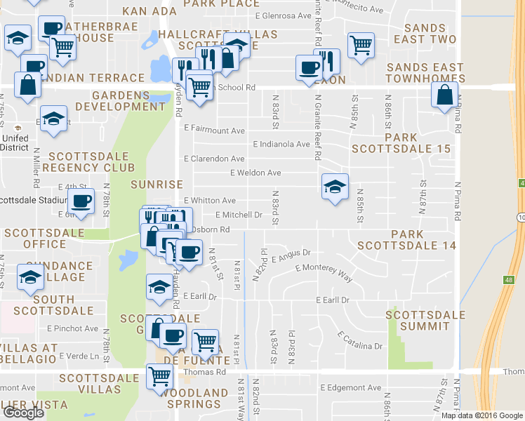 map of restaurants, bars, coffee shops, grocery stores, and more near 3514 North 83rd Street in Scottsdale