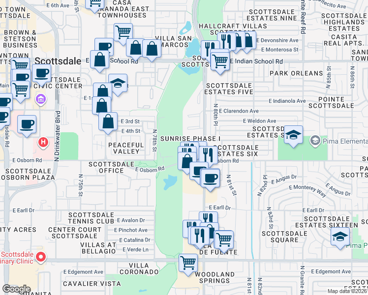map of restaurants, bars, coffee shops, grocery stores, and more near Unnamed Road in Scottsdale