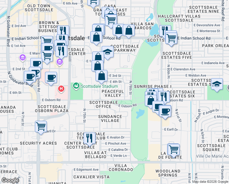 map of restaurants, bars, coffee shops, grocery stores, and more near 3512 North Chambers Court in Scottsdale