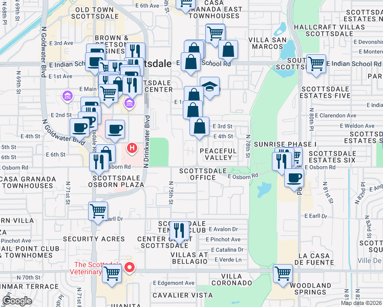 map of restaurants, bars, coffee shops, grocery stores, and more near 3524 North Miller Road in Scottsdale