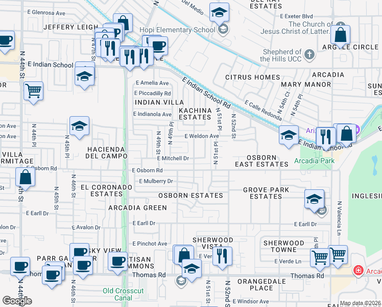 map of restaurants, bars, coffee shops, grocery stores, and more near 3437 North 50th Place in Phoenix