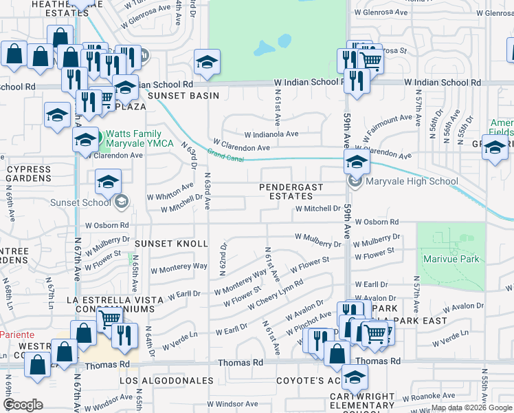 map of restaurants, bars, coffee shops, grocery stores, and more near 3433 North 61st Drive in Phoenix