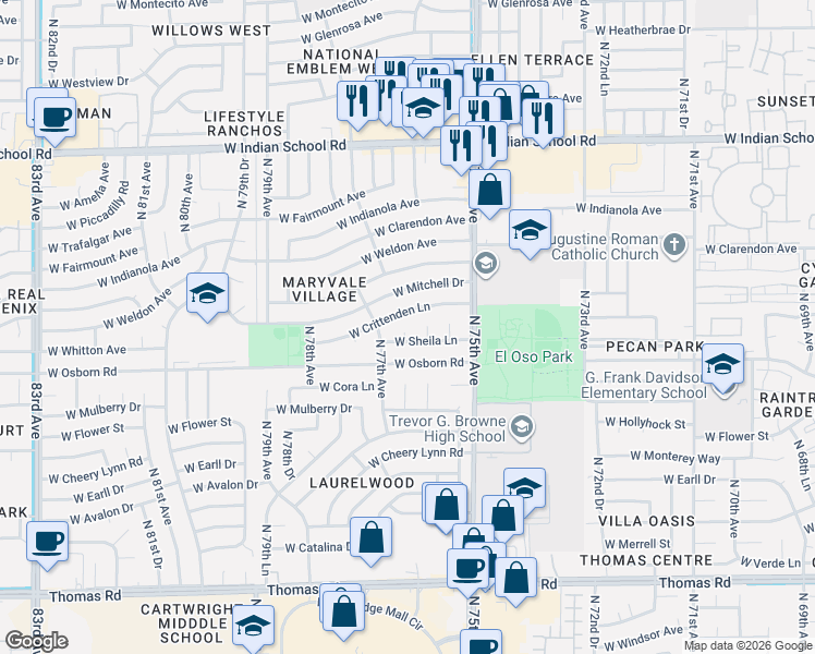 map of restaurants, bars, coffee shops, grocery stores, and more near 7545 West Crittenden Lane in Phoenix
