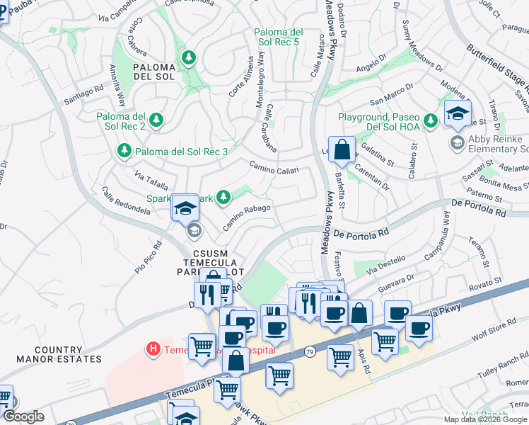 map of restaurants, bars, coffee shops, grocery stores, and more near 32136 Camino Rabago in Temecula