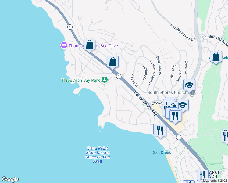 map of restaurants, bars, coffee shops, grocery stores, and more near 203 Monarch Bay Drive in Dana Point