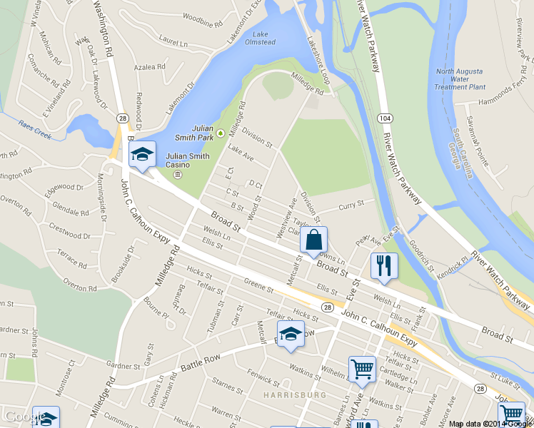 map of restaurants, bars, coffee shops, grocery stores, and more near 2066 Edgar Street in Augusta