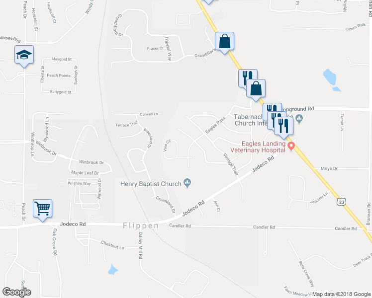 map of restaurants, bars, coffee shops, grocery stores, and more near 1240 Eagles Pass in McDonough