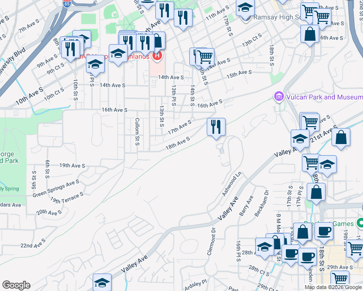 map of restaurants, bars, coffee shops, grocery stores, and more near 1337 18th Avenue South in Birmingham
