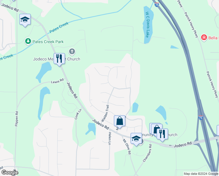 map of restaurants, bars, coffee shops, grocery stores, and more near 523 Horseshoe Circle in Stockbridge
