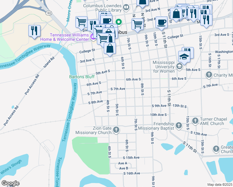 map of restaurants, bars, coffee shops, grocery stores, and more near South 8th Avenue in Columbus Air Force Base