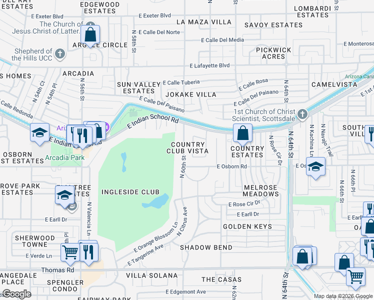 map of restaurants, bars, coffee shops, grocery stores, and more near 3600 North 60th Street in Phoenix