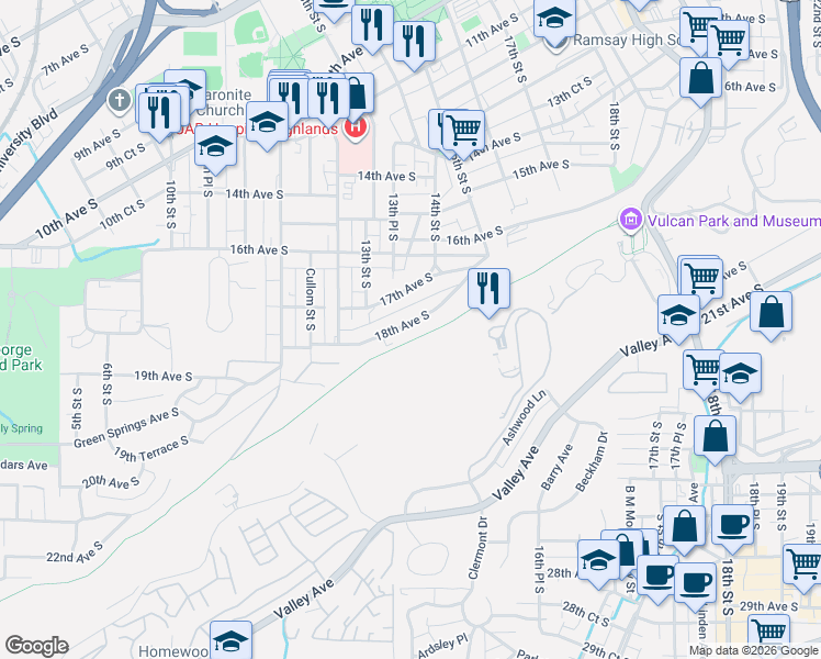 map of restaurants, bars, coffee shops, grocery stores, and more near 1337 18th Avenue South in Birmingham