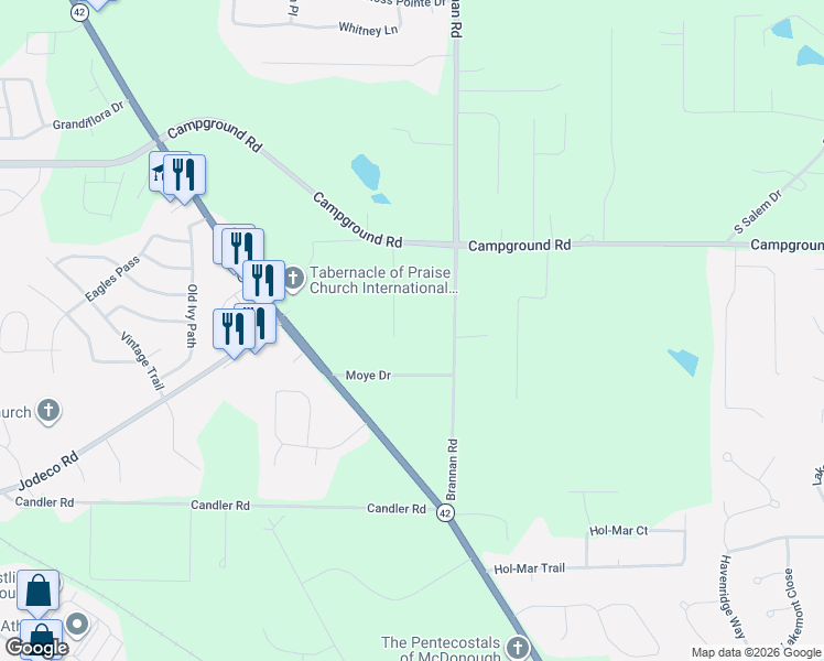 map of restaurants, bars, coffee shops, grocery stores, and more near 99 Turner Lane in McDonough