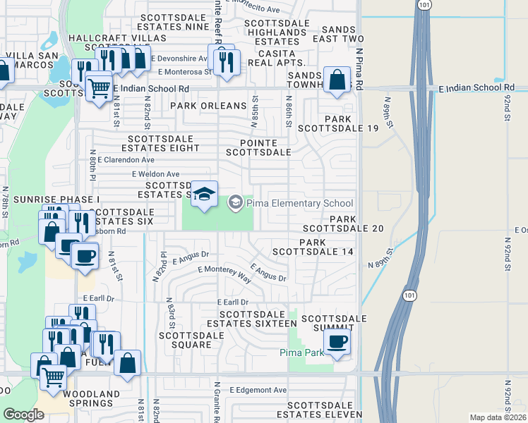 map of restaurants, bars, coffee shops, grocery stores, and more near 8531 East Whitton Avenue in Scottsdale