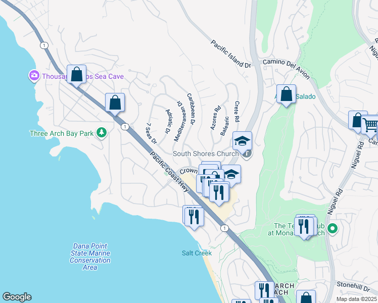 map of restaurants, bars, coffee shops, grocery stores, and more near 32651 Caspian Sea Drive in Dana Point