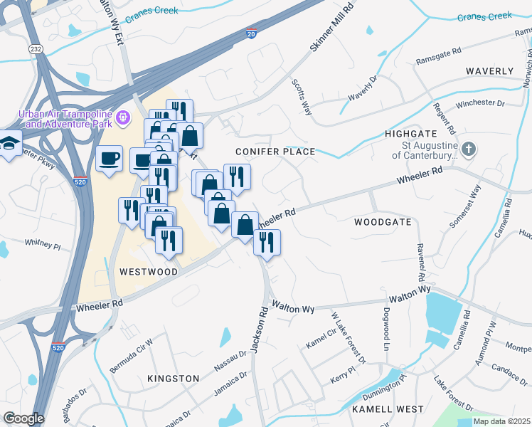 map of restaurants, bars, coffee shops, grocery stores, and more near 3493 Wheeler Road in Augusta