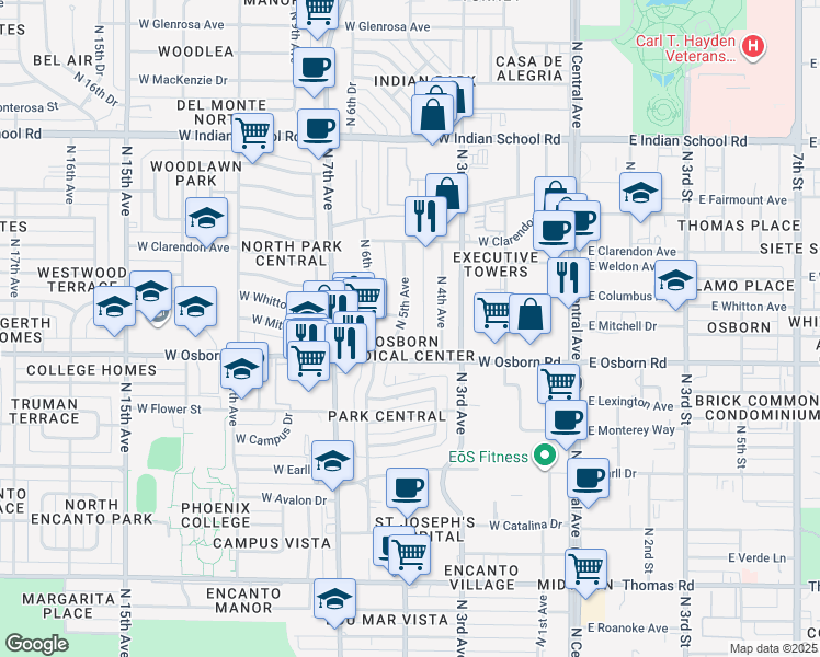 map of restaurants, bars, coffee shops, grocery stores, and more near 3601 North 5th Avenue in Phoenix