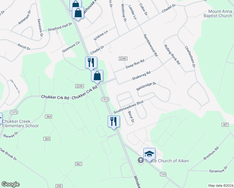 map of restaurants, bars, coffee shops, grocery stores, and more near 159 Long Creek Drive in Aiken