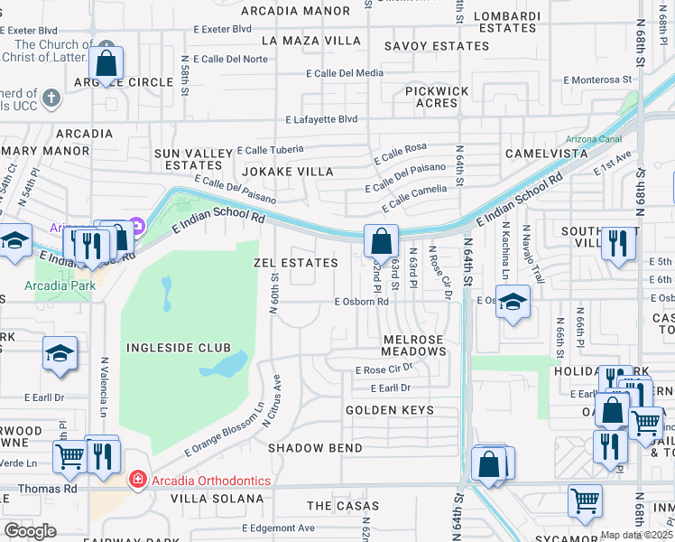 map of restaurants, bars, coffee shops, grocery stores, and more near 6125 East Indian School Road in Phoenix
