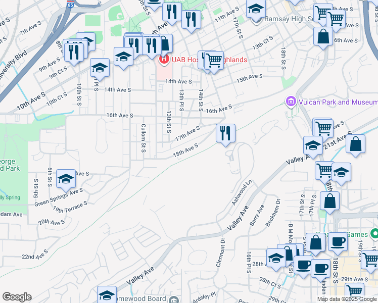 map of restaurants, bars, coffee shops, grocery stores, and more near 1337 18th Avenue South in Birmingham