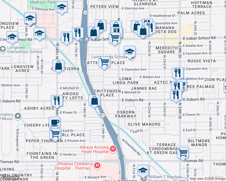 map of restaurants, bars, coffee shops, grocery stores, and more near 1937 East Whitton Avenue in Phoenix
