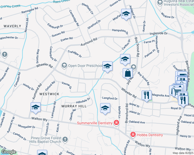 map of restaurants, bars, coffee shops, grocery stores, and more near 3071 Wheeler Road in Augusta