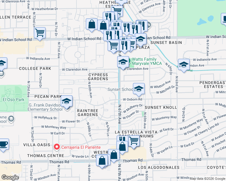 map of restaurants, bars, coffee shops, grocery stores, and more near 6738 West Crittenden Lane in Phoenix
