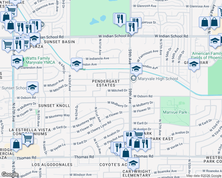 map of restaurants, bars, coffee shops, grocery stores, and more near 6021 West Whitton Avenue in Phoenix