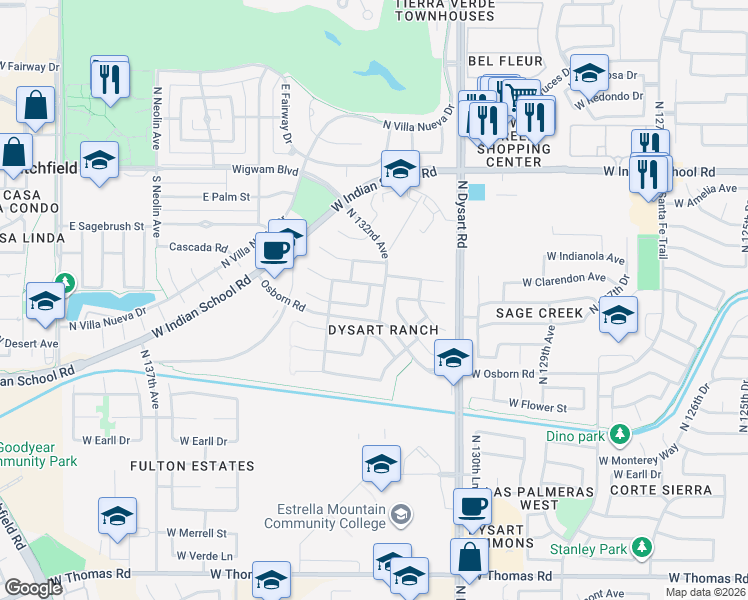map of restaurants, bars, coffee shops, grocery stores, and more near 13150 West Indianola Avenue in Litchfield Park