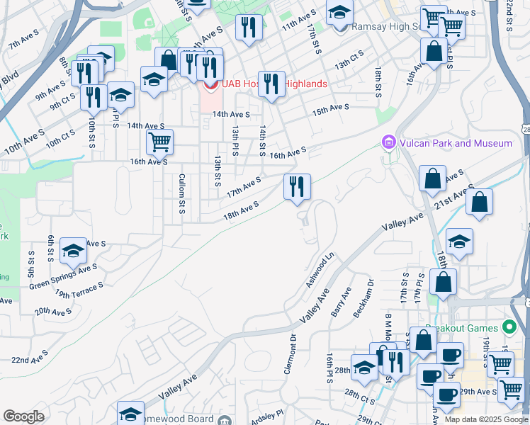 map of restaurants, bars, coffee shops, grocery stores, and more near Vulcan Trail in Birmingham
